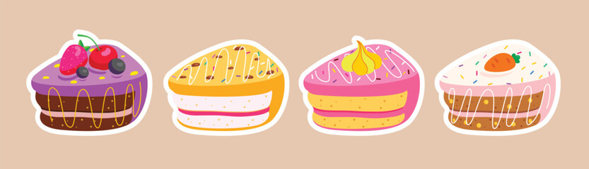Birthday cake stickers clipart set. Slice cake with assorted flavor for birthday celebration sticker clip art collection delicious dessert doodle style icon vector illustration.
