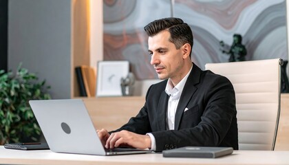A professional man in a tailored suit sits at a modern desk, intently focused on his laptop, surrounded by office supplies and a stylish decor.