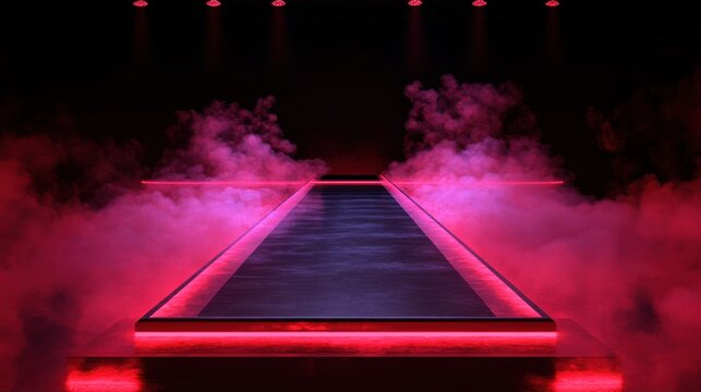 Fashion runway stage with red neon lights and smoke effect in dark scene low angle view