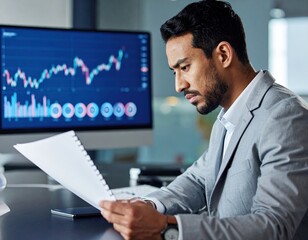Fototapeta premium A professional man in a tailored suit sits at a sleek desk, surrounded by scattered papers, intently analyzing a stock market chart displayed on his laptop.