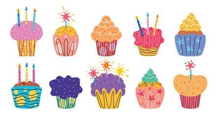 Cupcake doodle icon clipart set. Birthday colorful cake with icing and candle toppings clip art collection drawing line art symbol yummy dessert elements vector illustration. 

