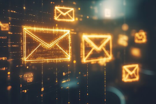 Email icons on a digital network.  Abstract graphic of multiple email symbols glowing in a dark background with coded patterns - Powered by Adobe