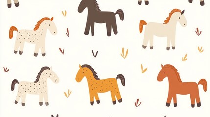 Obraz premium Repeating pattern of cute, simple horses on a white background.