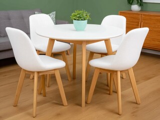 Interior of dining room with round table and four chairs in modern style daylight view