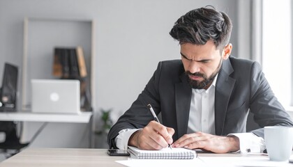 Fototapeta premium A focused man in a tailored suit sits at a polished wooden desk, diligently writing notes on crisp white paper, surrounded by books and a laptop.