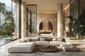 Luxurious living space with expansive windows overlooking a tranquil pool and lush greenery.  Neutral tones, marble accents, and modern furniture create a serene atmosphere