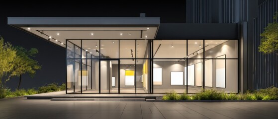 Modern Art Gallery Exterior View at Night with Glass Facade and Illuminated Interior Displaying Blank Canvas Artwork