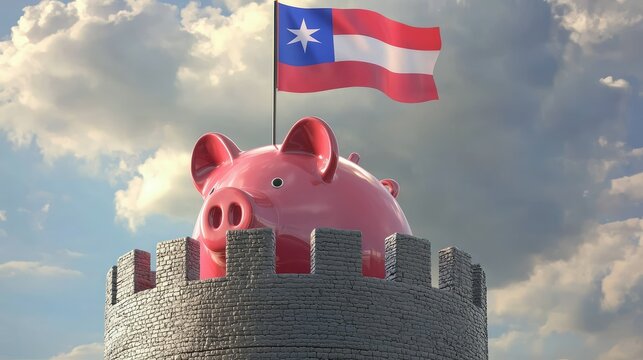 A piggy bank fortress with a flag of stability flying above, symbolizing financial security and reserve funds.