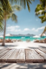 Tropical beach paradise with wooden table foreground showcasing turquoise ocean and palm trees in a dreamy vacation setting