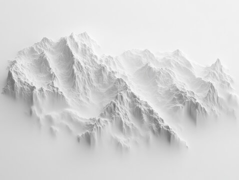 Aerial View of White Mountain Range with Fog, Minimalist Landscape, Topographic Elevation Model, Abstract Terrain