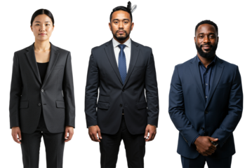 Full length studio portrait of three diverse business professionals, including an Asian woman, a Polynesian man, and a Black man, standing in suits against a transparent background.