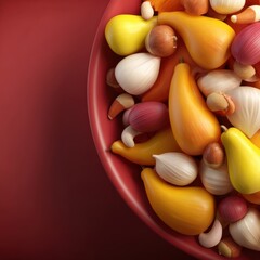 Still life close-up of colorful gourds, onions, and hazelnuts in a red bowl on a red background, studio shot, high angle
