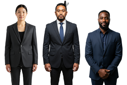 Full length studio portrait of three diverse business professionals, including an Asian woman, a Polynesian man, and a Black man, standing in suits against a transparent background.