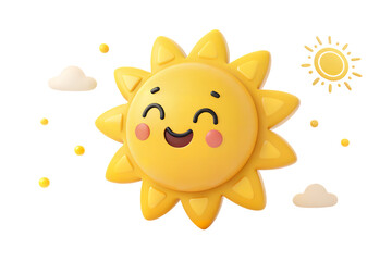 Fototapeta premium Cartoon sun with a happy face surrounded by clouds and small yellow stars on a transparent background