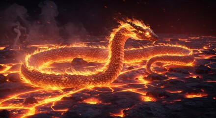 Glowing Snake Emerging From Lava Field Fantasy Scene
