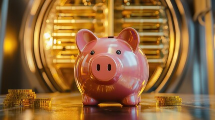A piggy bank standing in front of a vault made of golden bricks, symbolizing wealth accumulation and financial protection.