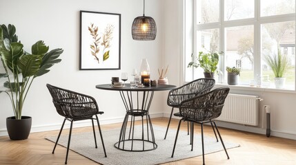 Fototapeta premium Modern dining area with black woven chairs and a round table.