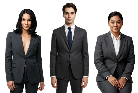 Three diverse young adult professionals, two women and one man, wearing grey business suits and posing formally against a black studio background.