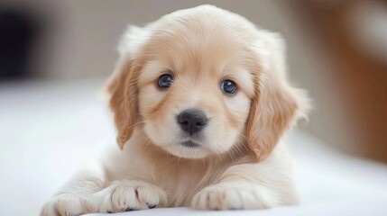 Adorable fluffy golden retriever puppy with bright eyes sitting on a white surface, showcasing innocence and cuteness. This charming little dog radiates warmth and joy with its soft fur and playful ex