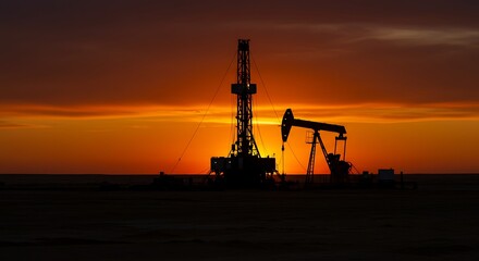 Obraz premium Oil Derrick and Pump Jack at Sunset