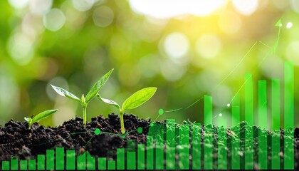 A vibrant green plant emerges from rich, dark soil, surrounded by lush green grass, basking in warm sunlight, showcasing nature's beauty and growth.