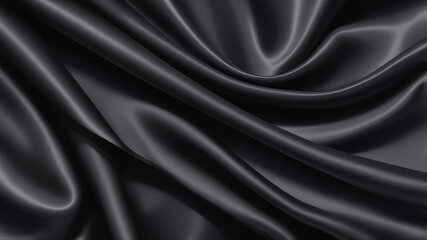 Fototapeta premium Glossy black silk fabric with deep folds and mirror-like sheen. Luxurious close-up texture glowing under light, full-frame elegant textile background.