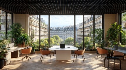 Modern open-plan workspace with panoramic city views.