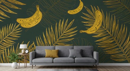 Elegant Gold Banana and Palm Leaf Wall Mural for Modern Living Room Decor