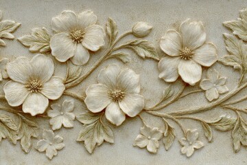 Ornate floral relief carving design on a light beige surface.