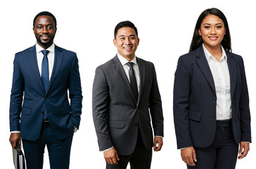 Diverse group of three professional business people, two men and one woman in their 30s-40s, wearing suits and smiling against a transparent background