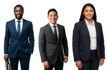 Diverse group of three professional business people, two men and one woman in their 30s-40s, wearing suits and smiling against a transparent background