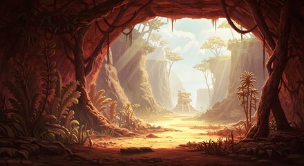 Mysterious Jungle Cave Entrance Digital Painting of a Lush, Sunlit Path Leading Through a Dark Cave into a Vibrant Tropical Landscape