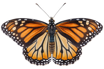 Fototapeta premium Close up view of a monarch butterfly with spread wings against a transparent background