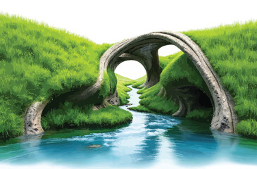 Fototapeta premium Surreal Twisted Portal in Nature – Abstract River Landscape with Green Grass
