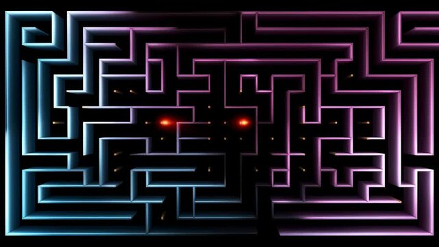 A neon blue and purple maze is set against a black background, with two glowing red dots positioned in the center, resembling eyes.