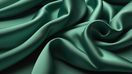 Obraz premium Deep emerald silk with soft waves and lustrous texture. Light and shadow enhance the rich green tones in this elegant, full-frame fabric background.