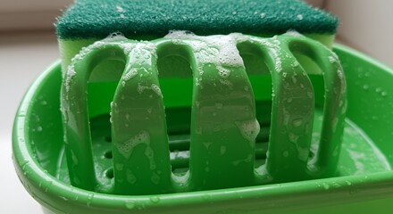 A Green Sponge and Soap Dish with Bubbles