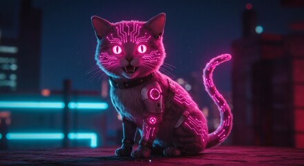 Cyberpunk Cat Glowing with Neon Lights Sitting at Night