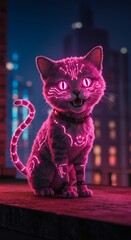 Cute Glowing Cat Sitting on Ledge at Night Smiling