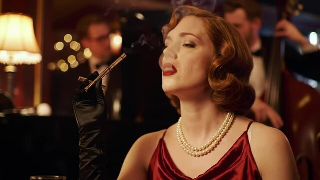 Elegant woman smokes in vintage jazz club with band playing in background for retro style scene