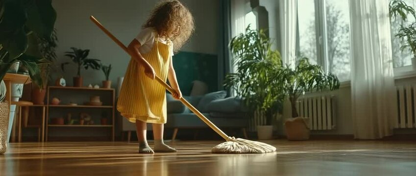 Beautiful, adorable girl cleaning the floor in a contemporary home while dancing to music