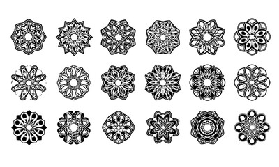 Decorative Geometric Ornament Icons Set. A collection of twenty black decorative geometric ornament icons in various intricate circular and star-like designs.