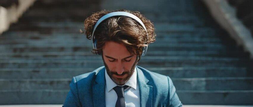 Calm, astute businessman  Sitting on a step, listening to music via headphones.