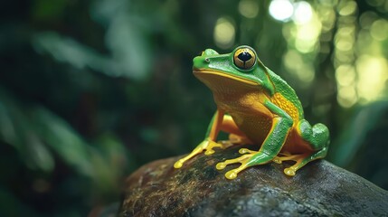 Fototapeta premium A poison dart frog in bright green and yellow hues perched on a stone, its vibrant skin glowing against the rich green rainforest background.