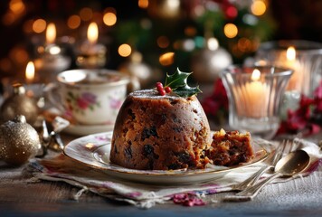 Festive Christmas Pudding with Holly Garnish Surrounded by Warm Candlelight and Holiday Decorations for a Cozy Holiday Dinner Setting
