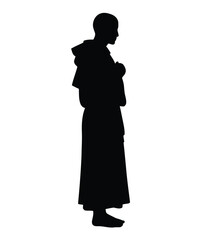 Monk silhouette. This image shows a black and white design of a meditative monk, symbolizing spirituality, wisdom, and peaceful contemplation. Vector clipart illustration design.