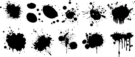 Vector Ink Splatter and Drip Elements Set, Grunge Black Paint Blots, Drops, and Smudges for Urban Design and Texture Overlays