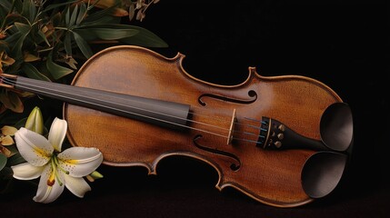 Fototapeta premium Elegant Violin Resting Beside Fresh Bouquet of Lilies on Black Velvet Surface