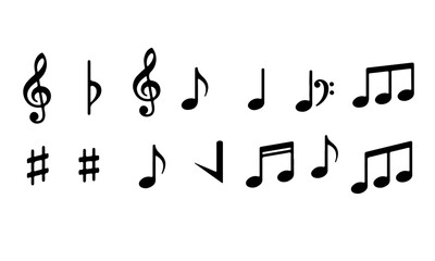 Set of musical notes and symbols. a collection of  black musical notes and symbols arranged in three rows on a white background.