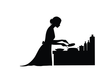 Obraz premium Woman cooking silhouette. This image shows a black and white design of a woman preparing a meal, holding a cooking utensil over a steaming pot. Vector clipart illustration design.